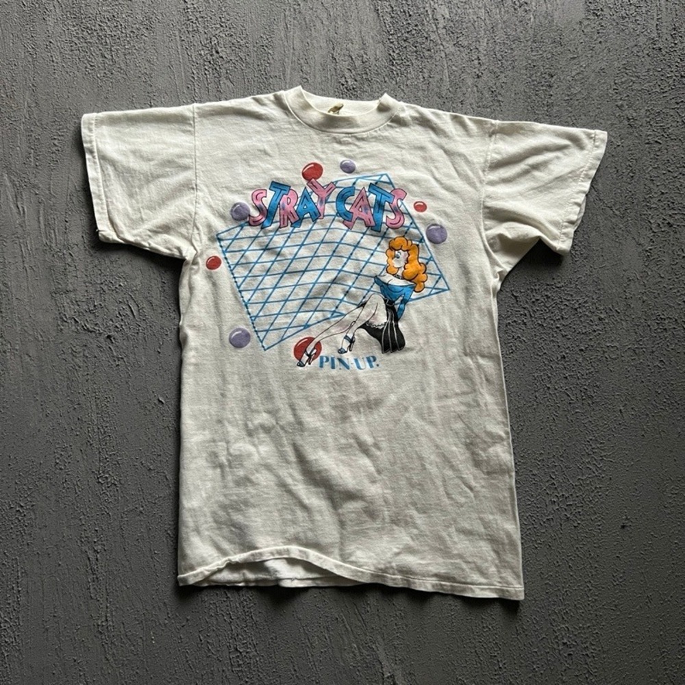 Vintage‎ Stray Cats Shirt Small White 1980s Rock This Town Tour Pin Up